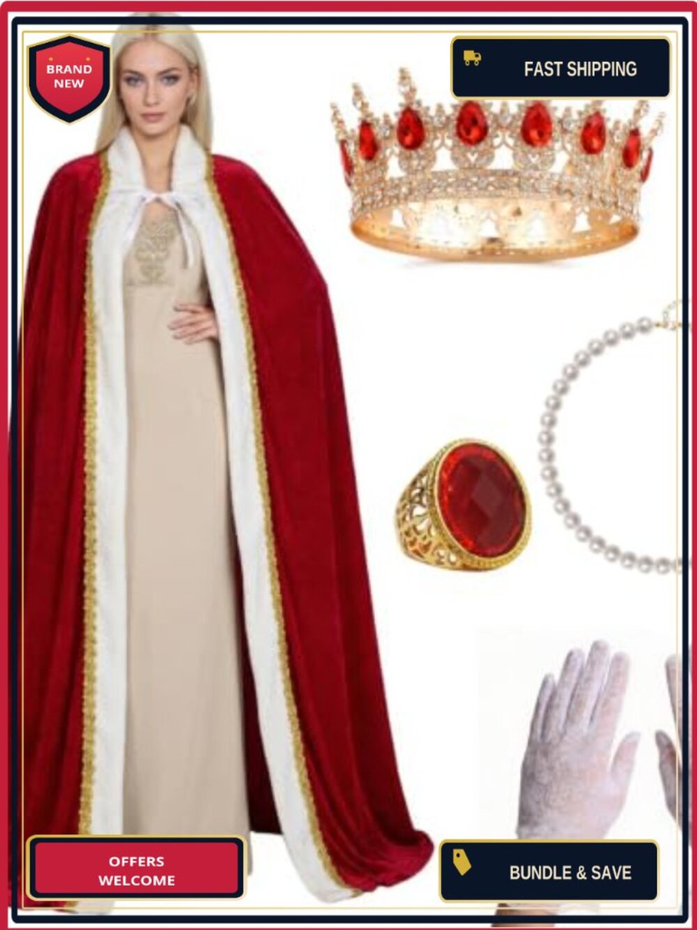 Red Velvet Queen Cape 5-Piece Medieval Renaissance Costume Set Adult